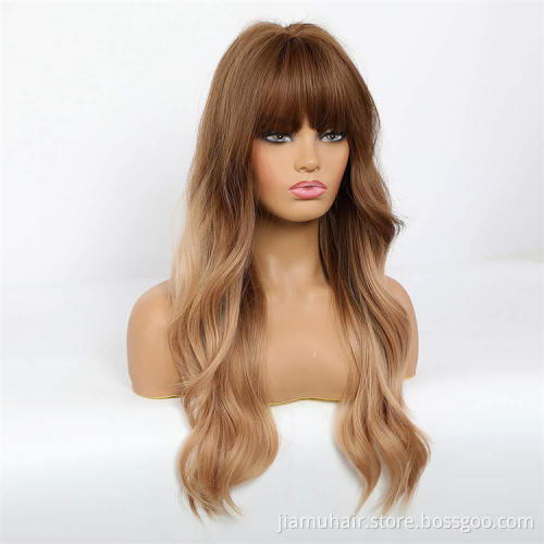 Long Brown Ombre Synthetic Wigs Water Wave Women's Wigs with Bangs Heat Resistant African American Hair